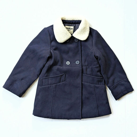 OshKosh B’Gosh Girls Navy Double Breasted Faux Wool Coat Shearling Collar 6 / 6X - Picture 4 of 9